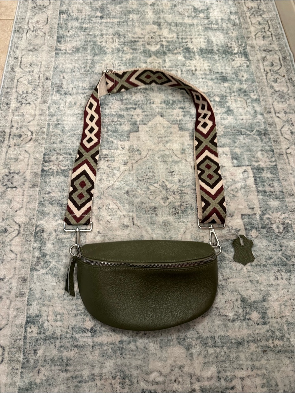 Olive Green Leather Crossbody Belt Bag with Geometric Strap